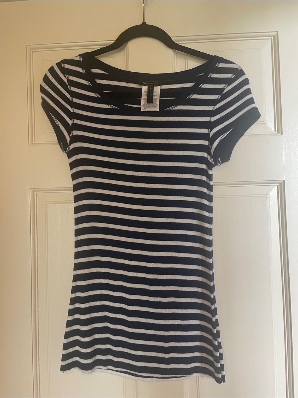 BCBGMaxAzria Navy and White Striped Short Sleeve CapTee